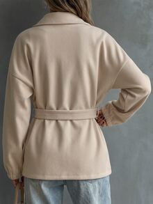 Elyressa Lapel Pocket Long Sleeve Belted Button Jacket - Khaki - View 2