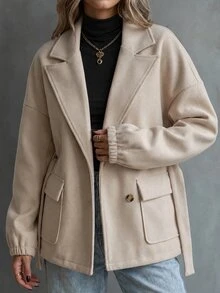 Elyressa Lapel Pocket Long Sleeve Belted Button Jacket - Khaki - View 3
