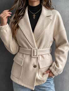 Elyressa Lapel Pocket Long Sleeve Belted Button Jacket - Khaki - View 4