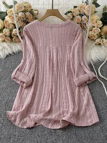 Linhara CURVE Plus Size Women's Textured Hollow-Out Jacquard Fabric Half-Button Front Pocket Slimming Elegant Boho Casual Vacation Formal Blouse Light Pink Summer - Dusty Pink - View 2