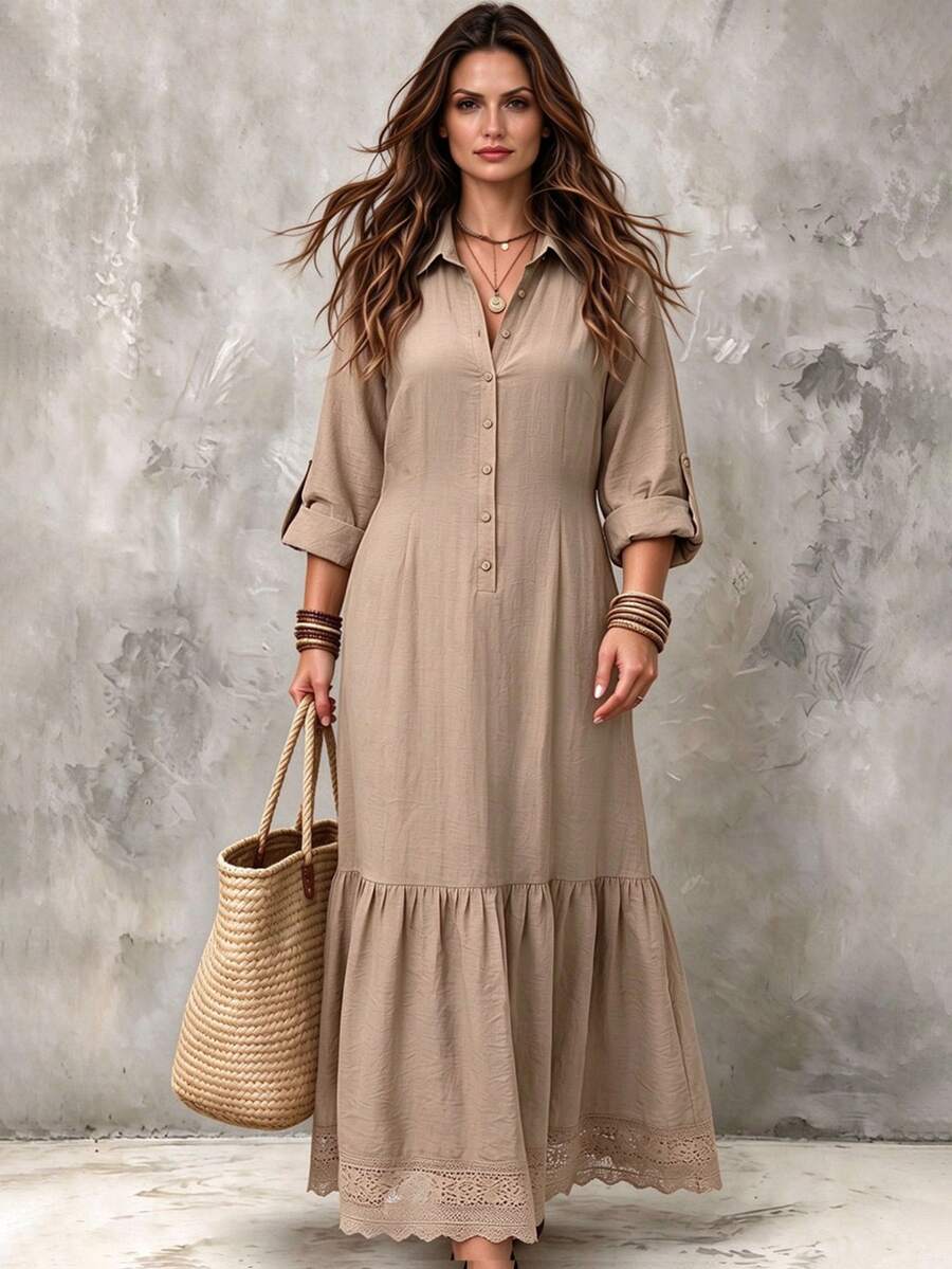 Linhara CURVE Big-Size Elegant Casual Autumn Long Dress Fall - Apricot - View 1