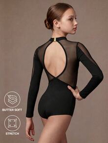 SHEIN Tween Girls Clothes Solid Color Contrast Mesh Long Sleeve Athletic Exotic Active Modest Cute School Dance Back To School Autumn Fall All Black - Black - View 2