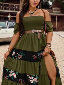 SHEIN LUNE Plus Size Women Holiday Off Shoulder Short Sleeve Smocked Floral Print Elegant Maxi Dress - Army Green - View 3