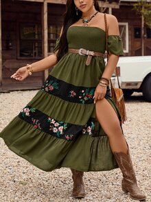 SHEIN LUNE Plus Size Women Holiday Off Shoulder Short Sleeve Smocked Floral Print Elegant Maxi Dress - Army Green - View 4