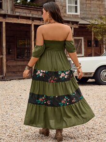 SHEIN LUNE Plus Size Women Holiday Off Shoulder Short Sleeve Smocked Floral Print Elegant Maxi Dress - Army Green - View 2
