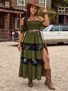 SHEIN LUNE Plus Size Women Holiday Off Shoulder Short Sleeve Smocked Floral Print Elegant Maxi Dress - Army Green - View 7