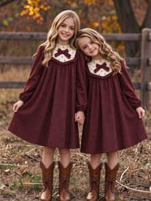 Tween Girl Autumn Winter Dress Vintage Contrast Polka Dot Patchwork Bow Knot Long Sleeve Stand Ruffle Collar Elegant Retro Loose Swing Princess Dress - Brown - View 2