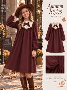 Tween Girl Autumn Winter Dress Vintage Contrast Polka Dot Patchwork Bow Knot Long Sleeve Stand Ruffle Collar Elegant Retro Loose Swing Princess Dress - Brown - View 4