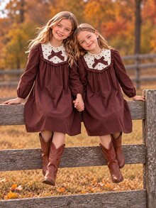 Tween Girl Autumn Winter Dress Vintage Contrast Polka Dot Patchwork Bow Knot Long Sleeve Stand Ruffle Collar Elegant Retro Loose Swing Princess Dress - Brown - View 5