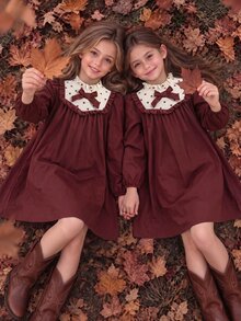 Tween Girl Autumn Winter Dress Vintage Contrast Polka Dot Patchwork Bow Knot Long Sleeve Stand Ruffle Collar Elegant Retro Loose Swing Princess Dress - Brown - View 1