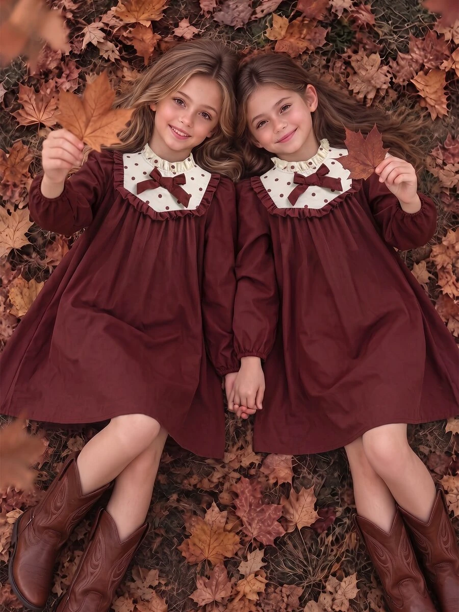 Tween Girl Autumn Winter Dress Vintage Contrast Polka Dot Patchwork Bow Knot Long Sleeve Stand Ruffle Collar Elegant Retro Loose Swing Princess Dress - Brown - View 1