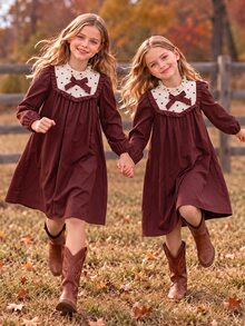 Tween Girl Autumn Winter Dress Vintage Contrast Polka Dot Patchwork Bow Knot Long Sleeve Stand Ruffle Collar Elegant Retro Loose Swing Princess Dress - Brown - View 3