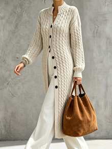 SHEIN Women's All-Match Minimalist Fashion Twisted Rope Collar Long Sweater Coat, Versatile Commuter Knit Cardigan - Grey - View 4