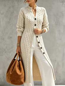 SHEIN Women's All-Match Minimalist Fashion Twisted Rope Collar Long Sweater Coat, Versatile Commuter Knit Cardigan - Grey - View 5