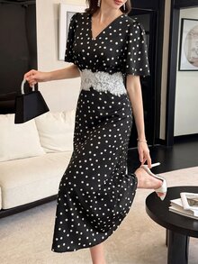 Modelyn Women's V-Neck Lace Trim Black & White Polka Dot Dress For Party & Gathering, Half Sleeve, Long Ruffle, Elegant - Black - View 4