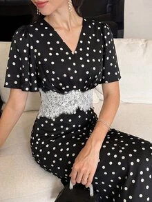 Modelyn Women's V-Neck Lace Trim Black & White Polka Dot Dress For Party & Gathering, Half Sleeve, Long Ruffle, Elegant - Black - View 5
