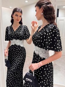 Modelyn Women's V-Neck Lace Trim Black & White Polka Dot Dress For Party & Gathering, Half Sleeve, Long Ruffle, Elegant - Black - View 2