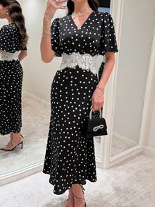 Modelyn Women's V-Neck Lace Trim Black & White Polka Dot Dress For Party & Gathering, Half Sleeve, Long Ruffle, Elegant - Black - View 8