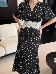 Modelyn Women's V-Neck Lace Trim Black & White Polka Dot Dress For Party & Gathering, Half Sleeve, Long Ruffle, Elegant - Black - View 6