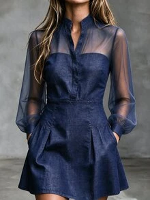 SHEIN Stand Collar Mesh Long Sleeve Faux Denim A-Line Mini Dress With Pockets - Blue - View 8