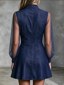 SHEIN Stand Collar Mesh Long Sleeve Faux Denim A-Line Mini Dress With Pockets - Blue - View 2