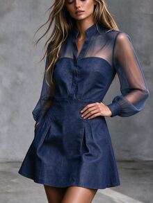SHEIN Stand Collar Mesh Long Sleeve Faux Denim A-Line Mini Dress With Pockets - Blue - View 3