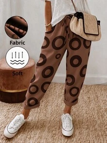 SHEIN Holidaya 度假休閒圓形圖案長褲 - 咖啡棕 - 查看 4