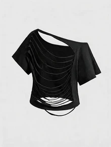 ROMWE Áo thun nữ vai lệch đính chữ và đá rhinestone phong cách thường ngày - màu đen - Xem 3