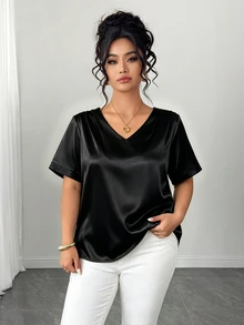 Elenzga 大尺碼女款優雅亮面極簡V領緞面上衣，休閒商務夏季款 - 黑色 - 查看 6