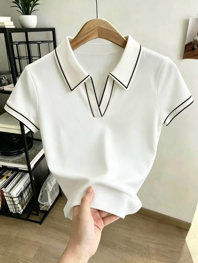 Raffinéva Women's Casual Preppy Regular Fit Polo Collar Short Sleeve T-Shirt Golf School Black And White Striped Summer