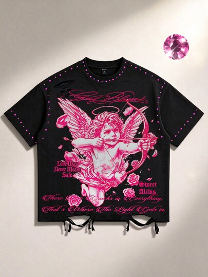 Street Life Men's Casual Fashion T-Shirt With Heavy Rhinestone Embellishment, Short Sleeve Crew Neck Top