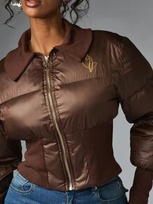 BABYPHAT Cropped Puffer Jacket With Gold Script Logo Back Print Stand Collar Full Zip Closure Ribbed Cuffs Fall Winter Outerwear - Coffee Brown - View 6