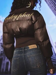 BABYPHAT Cropped Puffer Jacket With Gold Script Logo Back Print Stand Collar Full Zip Closure Ribbed Cuffs Fall Winter Outerwear - Coffee Brown - View 2