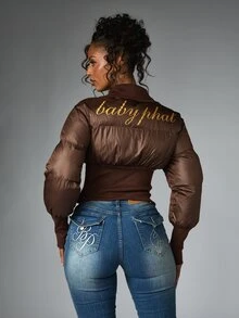 BABYPHAT Cropped Puffer Jacket With Gold Script Logo Back Print Stand Collar Full Zip Closure Ribbed Cuffs Fall Winter Outerwear - Coffee Brown - View 4