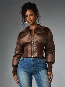 BABYPHAT Cropped Puffer Jacket With Gold Script Logo Back Print Stand Collar Full Zip Closure Ribbed Cuffs Fall Winter Outerwear - Coffee Brown - View 5