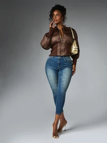 BABYPHAT Cropped Puffer Jacket With Gold Script Logo Back Print Stand Collar Full Zip Closure Ribbed Cuffs Fall Winter Outerwear - Coffee Brown - View 8