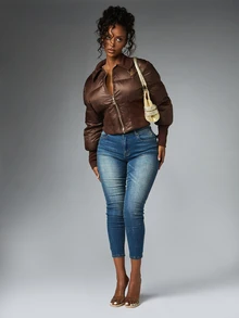 BABYPHAT Cropped Puffer Jacket With Gold Script Logo Back Print Stand Collar Full Zip Closure Ribbed Cuffs Fall Winter Outerwear - Coffee Brown - View 7