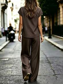 RosyDaze Women's Striped Cap Sleeve Top And Long Pants Casual Daily 2 Pieces Set - Brown - View 2