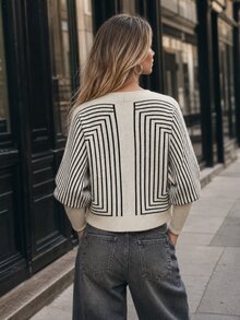 LUMIGAL Women's Loose Casual Pullover Sweater With Symmetrical Geometric Loop Stripe, Round Neck, Batwing Lantern Mid-Sleeves, Patchwork Cream Ribbed Long Sleeve Hem - Multicolor - View 2