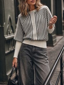 LUMIGAL Women's Loose Casual Pullover Sweater With Symmetrical Geometric Loop Stripe, Round Neck, Batwing Lantern Mid-Sleeves, Patchwork Cream Ribbed Long Sleeve Hem - Multicolor - View 6