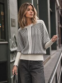 LUMIGAL Women's Loose Casual Pullover Sweater With Symmetrical Geometric Loop Stripe, Round Neck, Batwing Lantern Mid-Sleeves, Patchwork Cream Ribbed Long Sleeve Hem - Multicolor - View 7