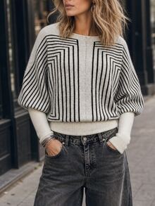 LUMIGAL Women's Loose Casual Pullover Sweater With Symmetrical Geometric Loop Stripe, Round Neck, Batwing Lantern Mid-Sleeves, Patchwork Cream Ribbed Long Sleeve Hem - Multicolor - View 4