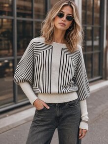 LUMIGAL Women's Loose Casual Pullover Sweater With Symmetrical Geometric Loop Stripe, Round Neck, Batwing Lantern Mid-Sleeves, Patchwork Cream Ribbed Long Sleeve Hem - Multicolor - View 8