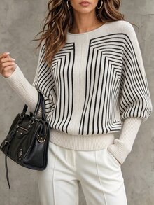 LUMIGAL Women's Loose Casual Pullover Sweater With Symmetrical Geometric Loop Stripe, Round Neck, Batwing Lantern Mid-Sleeves, Patchwork Cream Ribbed Long Sleeve Hem - Multicolor - View 1