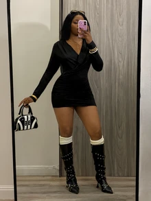 StreetHx Sexy Criss-Cross Deep V Neck Little Black Dress, Long Sleeve Ruched Waist Elastic Slim Fit Bodycon Mini Dress - Grey - View 9