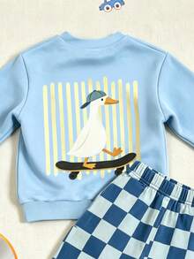 2 Pieces Boys' Sweatshirt Set, Cute Duck Pattern Print, Long Sleeves, Round Neck, Fall, 1st Birthday Light Blue Blue And White Funny Graphic - Multicolor - View 4