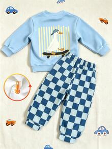 2 Pieces Boys' Sweatshirt Set, Cute Duck Pattern Print, Long Sleeves, Round Neck, Fall, 1st Birthday Light Blue Blue And White Funny Graphic - Multicolor - View 2