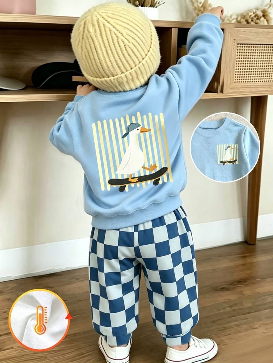 2 Pieces Boys' Sweatshirt Set, Cute Duck Pattern Print, Long Sleeves, Round Neck, Fall, 1st Birthday Light Blue Blue And White Funny Graphic - Multicolor - View 1