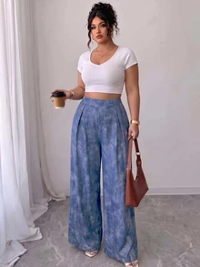 Elenzga Plus Size Women's Geometric Digital Print Wide Leg Pants, Loose Comfortable Casual Versatile Trousers - Multicolor - View 3
