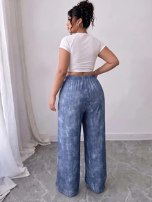 Elenzga Plus Size Women's Geometric Digital Print Wide Leg Pants, Loose Comfortable Casual Versatile Trousers - Multicolor - View 2